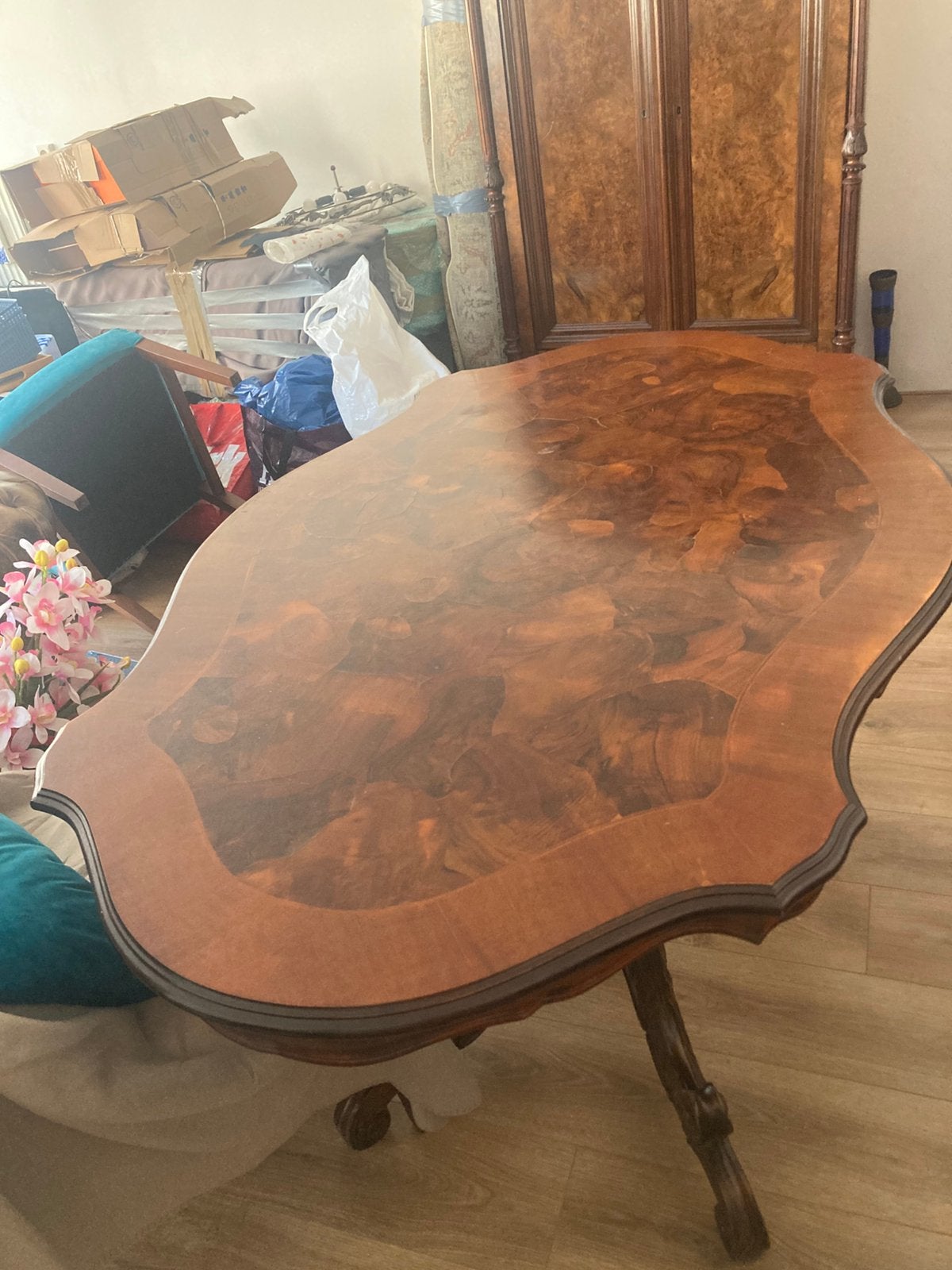 Antieke eettafel bloem mahonie blad, Ophalen
