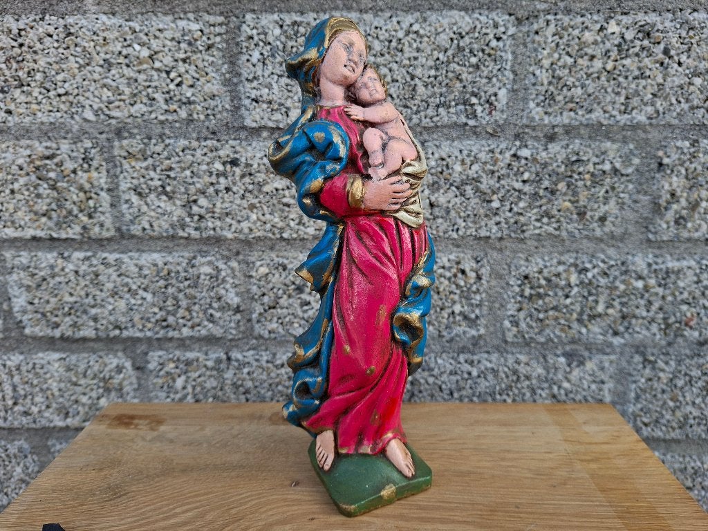 antiek mooie gekleurde maria beeld met baby christus, Ophalen of Verzenden