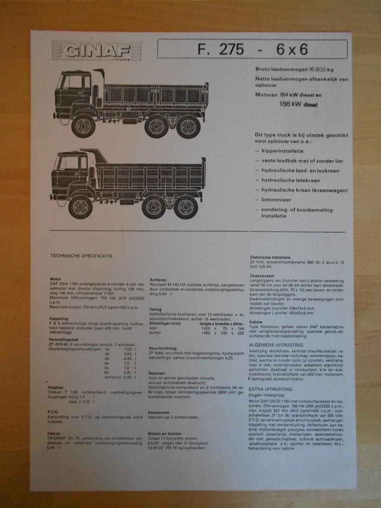 GINAF F275 6x6 Technische Specificatie folder 1980, Ophalen of Verzenden, Zo goed als nieuw, Overige merken, GINAF