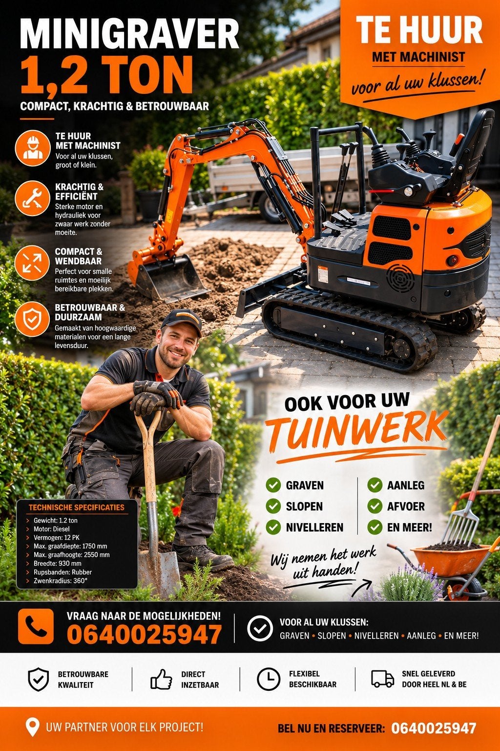 Minigraver voor al uw graaf tuin aanleg en sloop werk, Ophalen of Verzenden