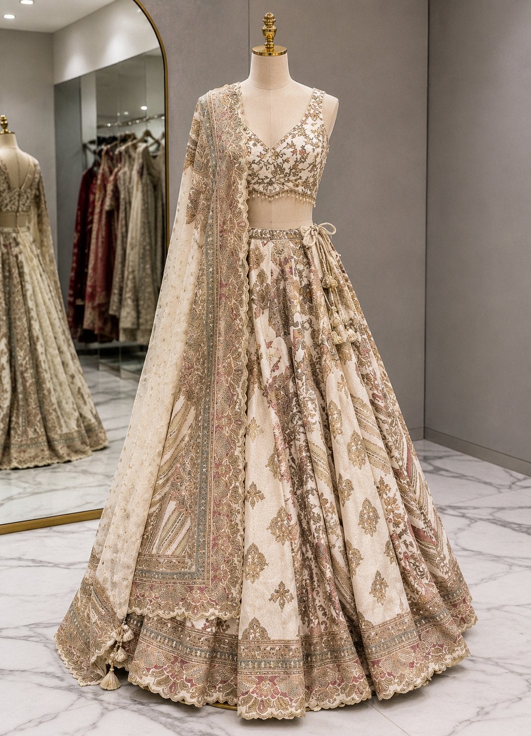 Handgeborduurde Heritage Lehenga S - Bruiloft/Feest, Ophalen of Verzenden, Zo goed als nieuw, Maat 36 (S), Beige
