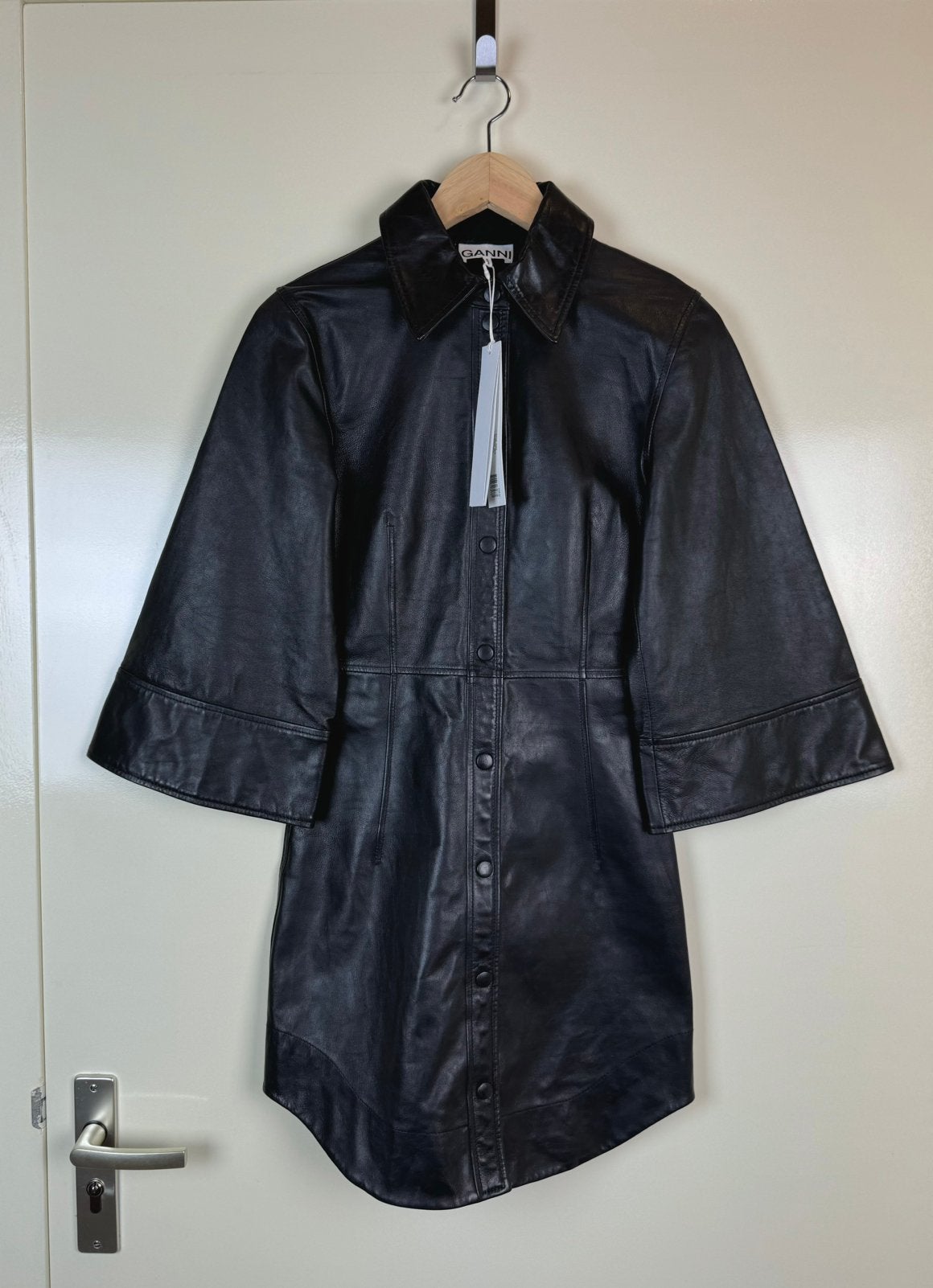 GANNI Leather Mini Sexy Dress Little Black Flare Sleeve XXS, Ophalen of Verzenden, Nieuw, Maat 34 (XS) of kleiner, Zwart