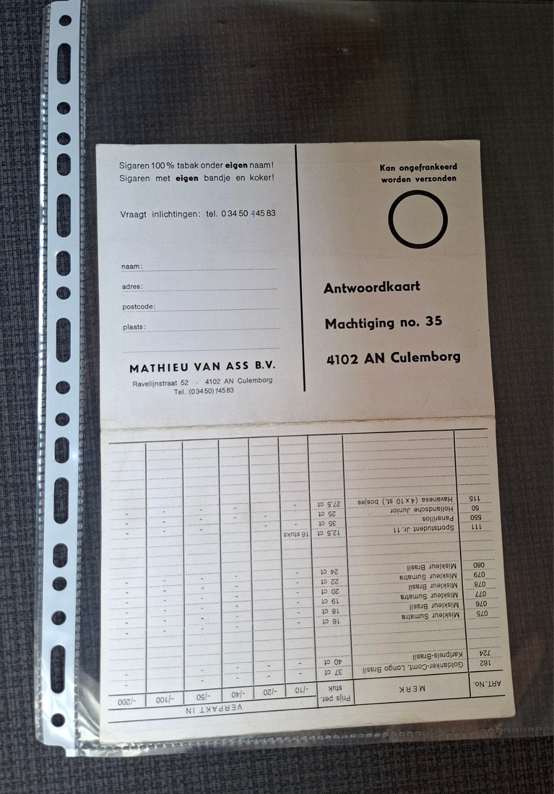BESTEL KAART - SIGAREN         - CULEMBORG, Ophalen of Verzenden, Zo goed als nieuw, Catalogus