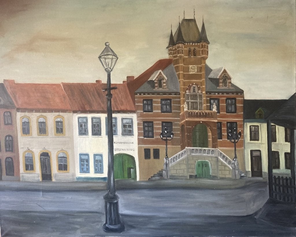 Stadhuis anno 1900 te Sittard, Antiek en Kunst, Ophalen, Doek, Olieverf, Klassiek