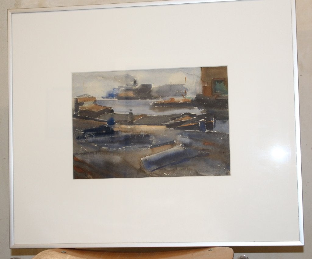 No 46 Maritiem Aquarel: Havenzicht Amsterdam  met Schepen, Maritiem / water, Verzenden, Aquarel, Papier