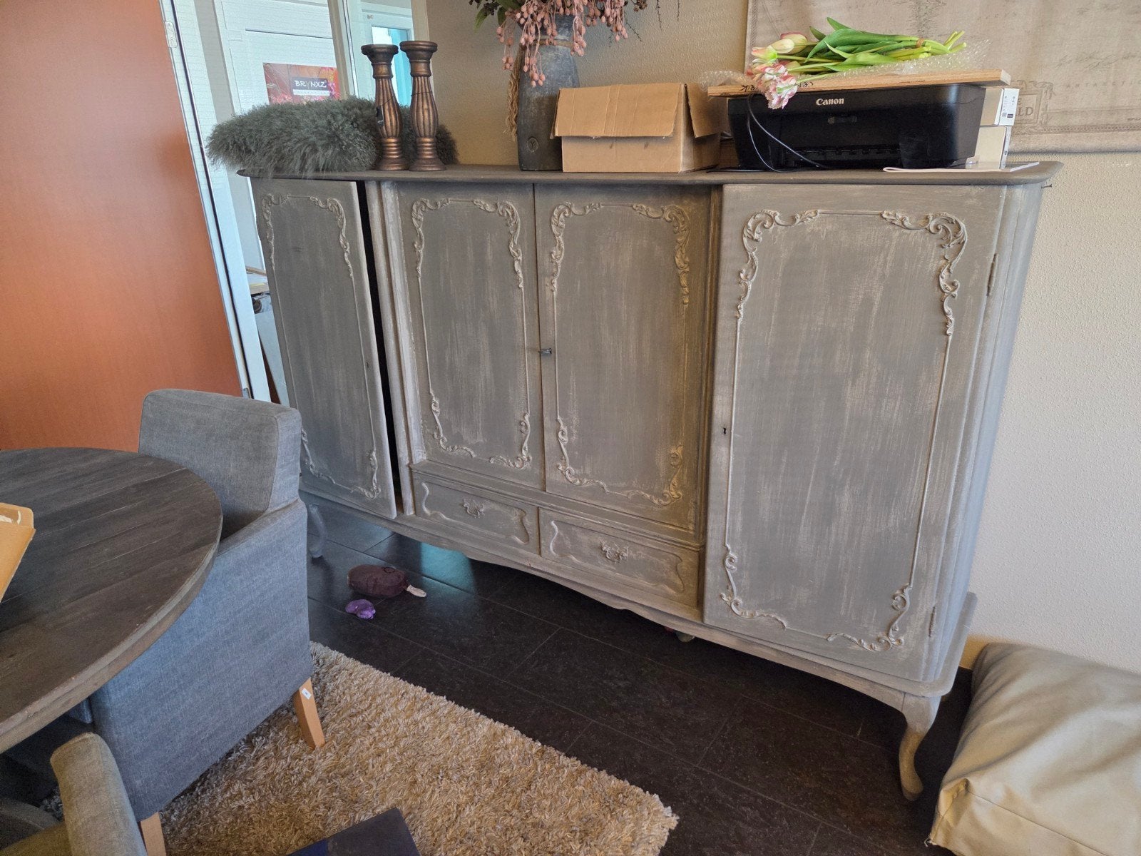 Grijs dressoir, b220xd48xh138, onder 26 cm, 4 deurs, Ophalen, Gebruikt, Met lade(s), Klassiek