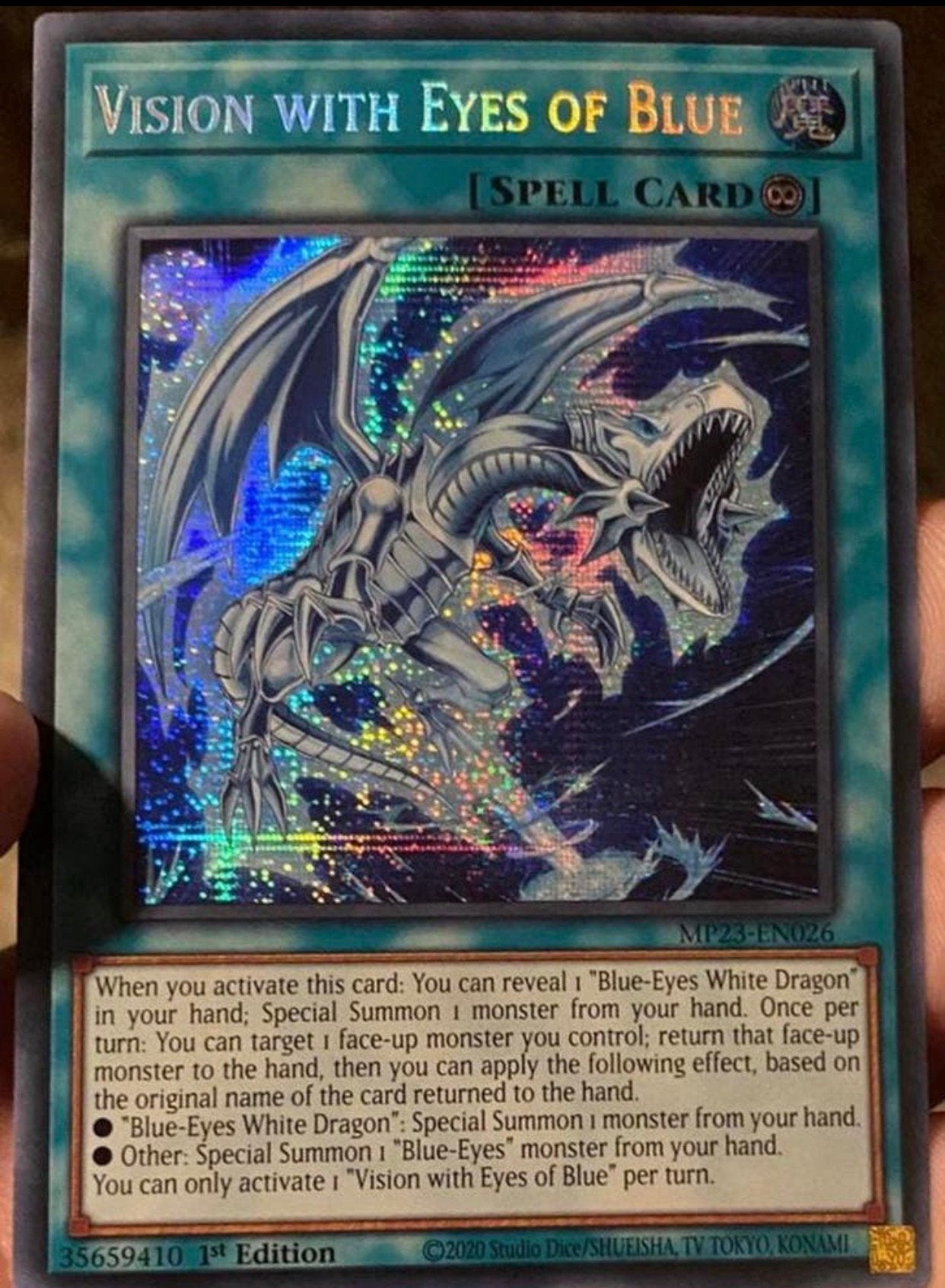 Yu-Gi-Oh! Vision with Eyes of Blue MP23 1st Edition !, Ophalen of Verzenden, Zo goed als nieuw, Losse kaart, Foil