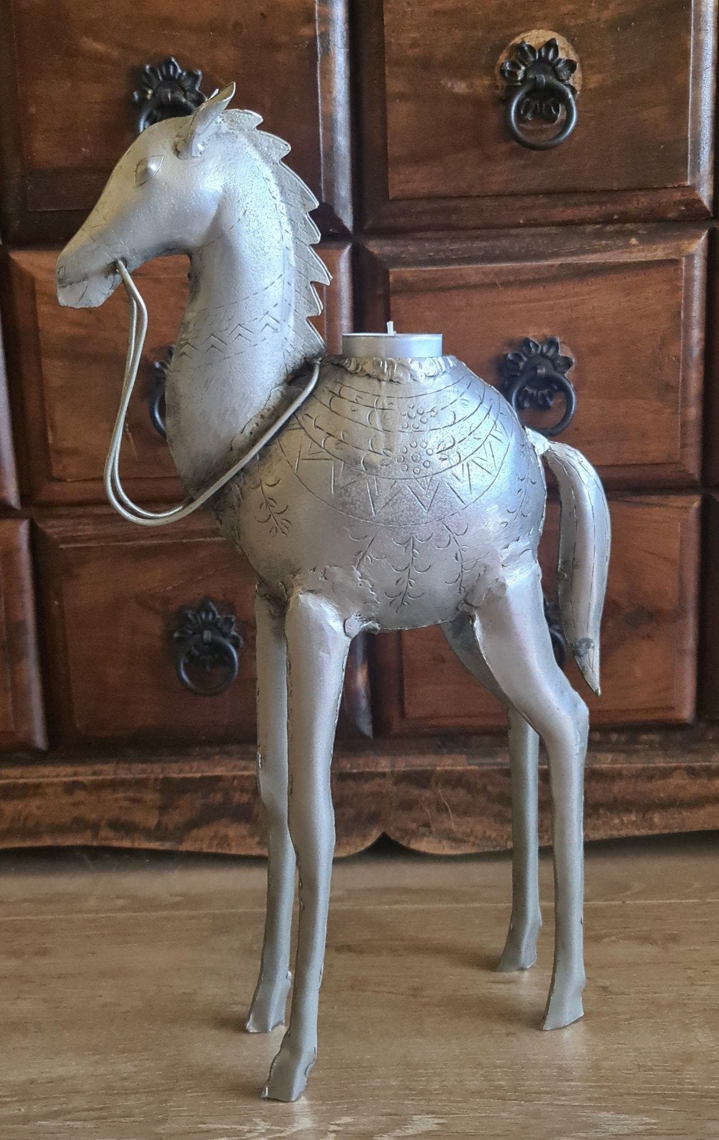 Unieke paarden kandelaar - zilverkleurig metaal, Ophalen of Verzenden