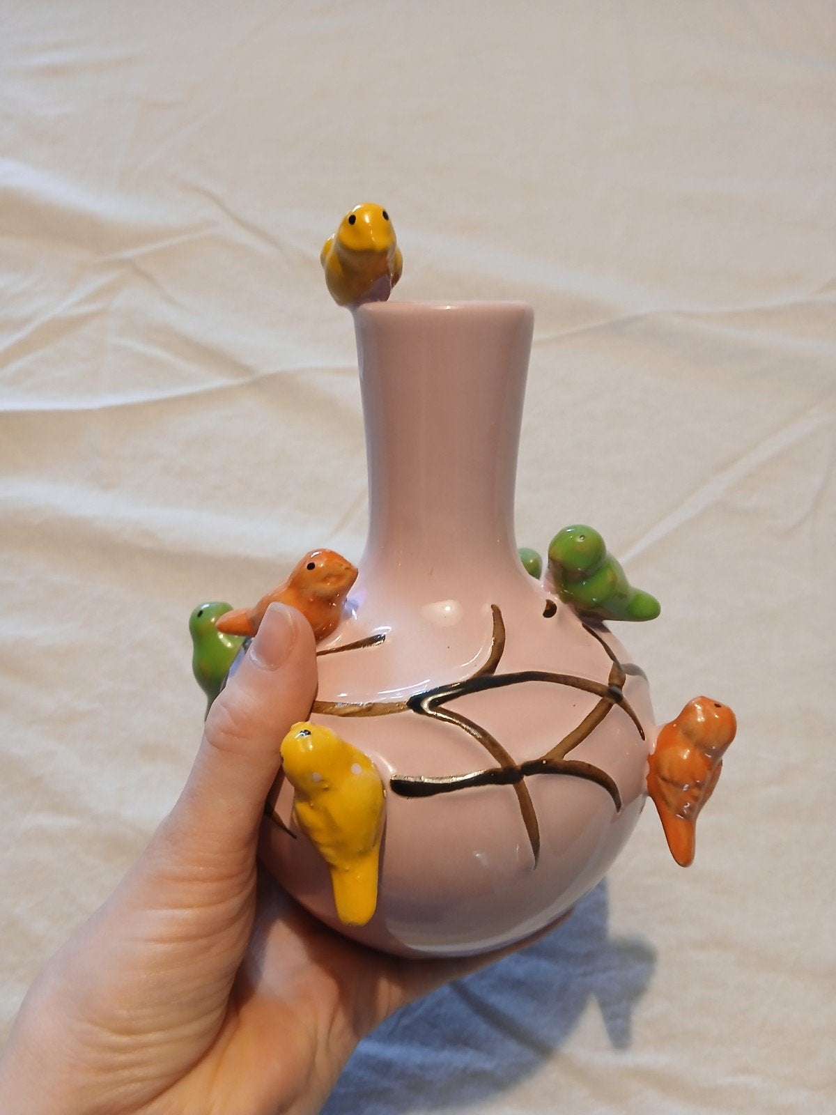 Roze vaasje met vogels - Handgemaakt, Antiek en Kunst, Ophalen of Verzenden