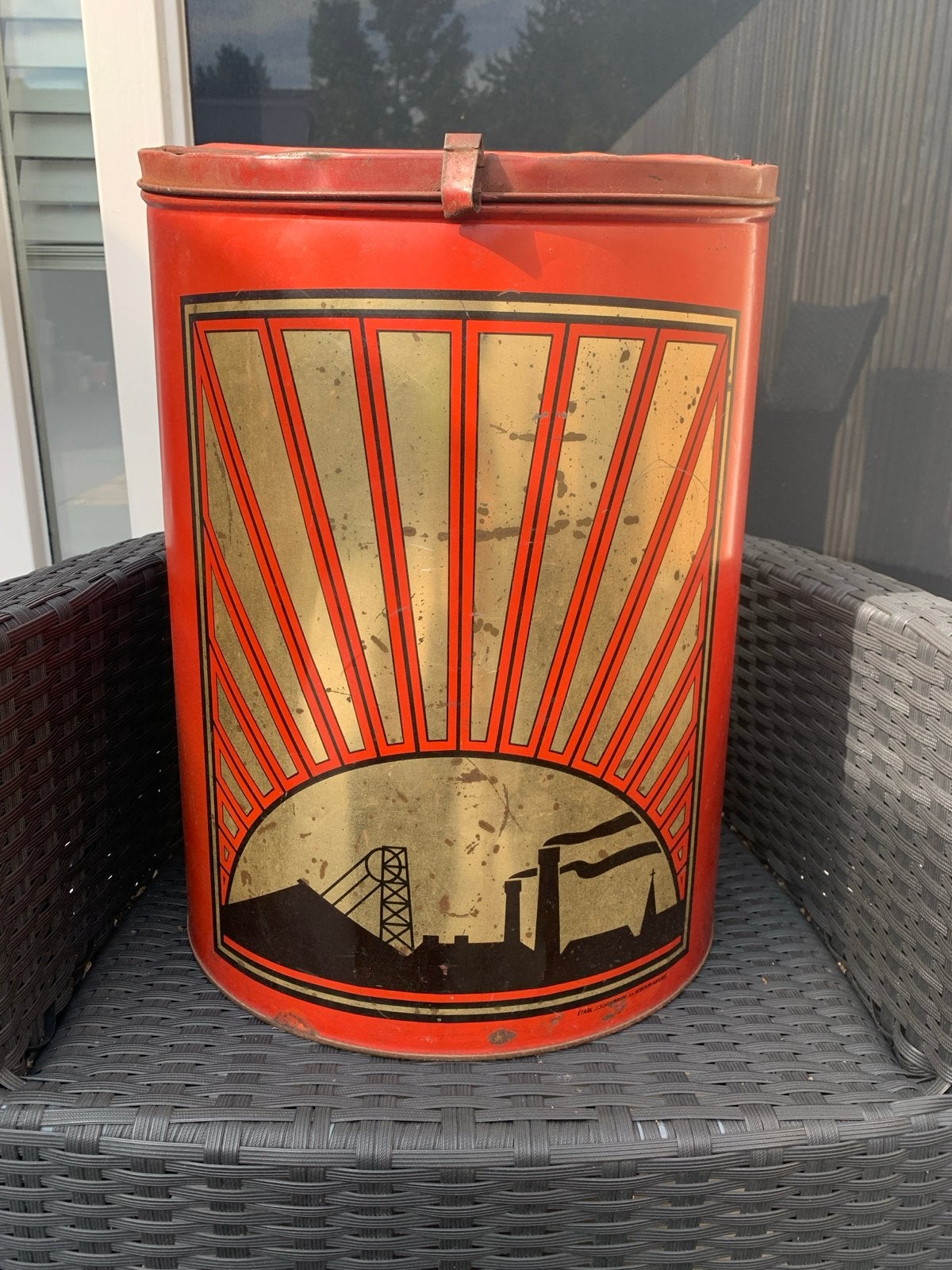 Vintage blikken trommel Etabl. J. Schuvroeder S.A. Hoboken, Antiek en Kunst, Ophalen