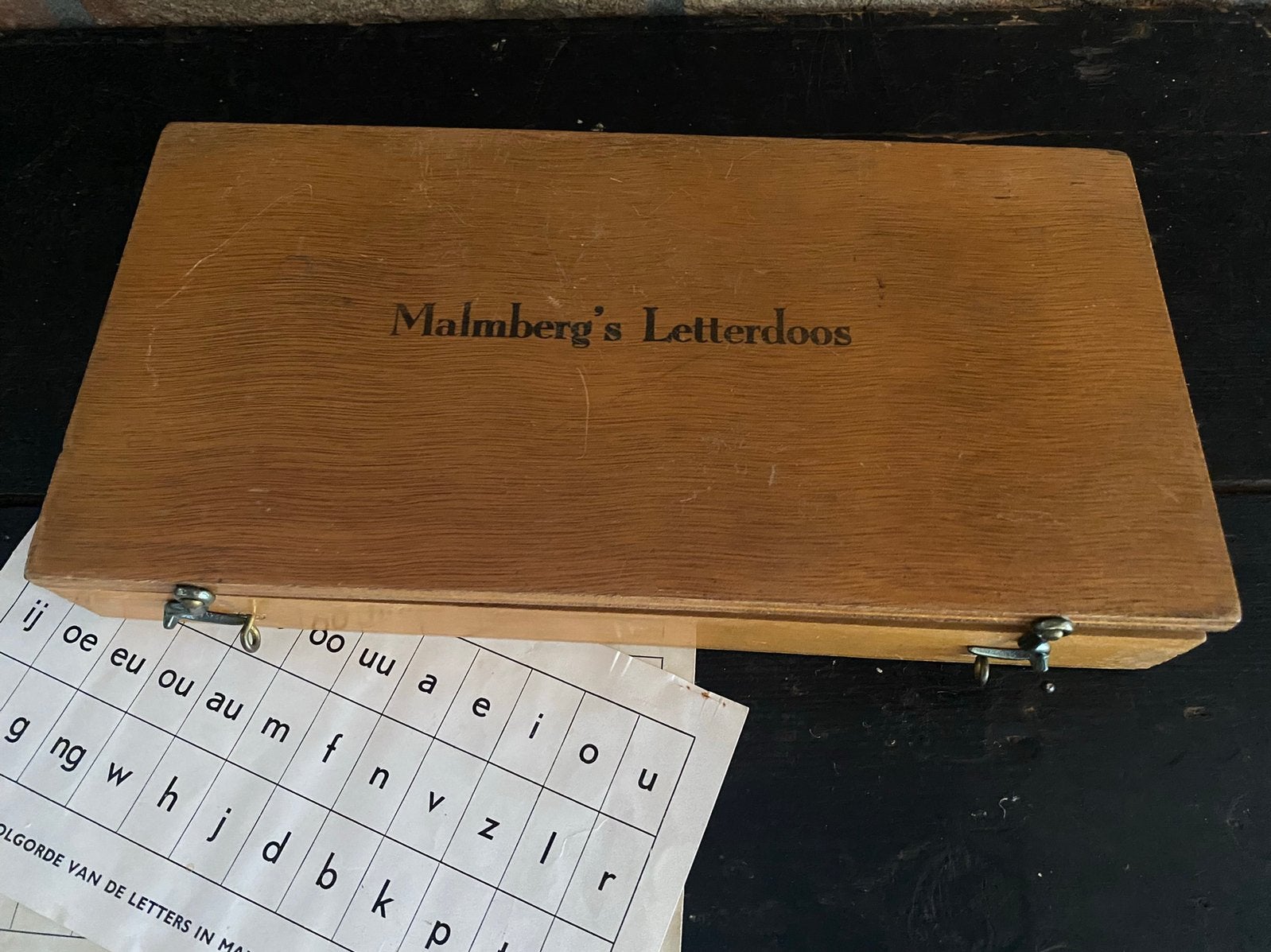 Vintage letterkistje Malmberg, incl 2 letterblaadjes, Ophalen of Verzenden
