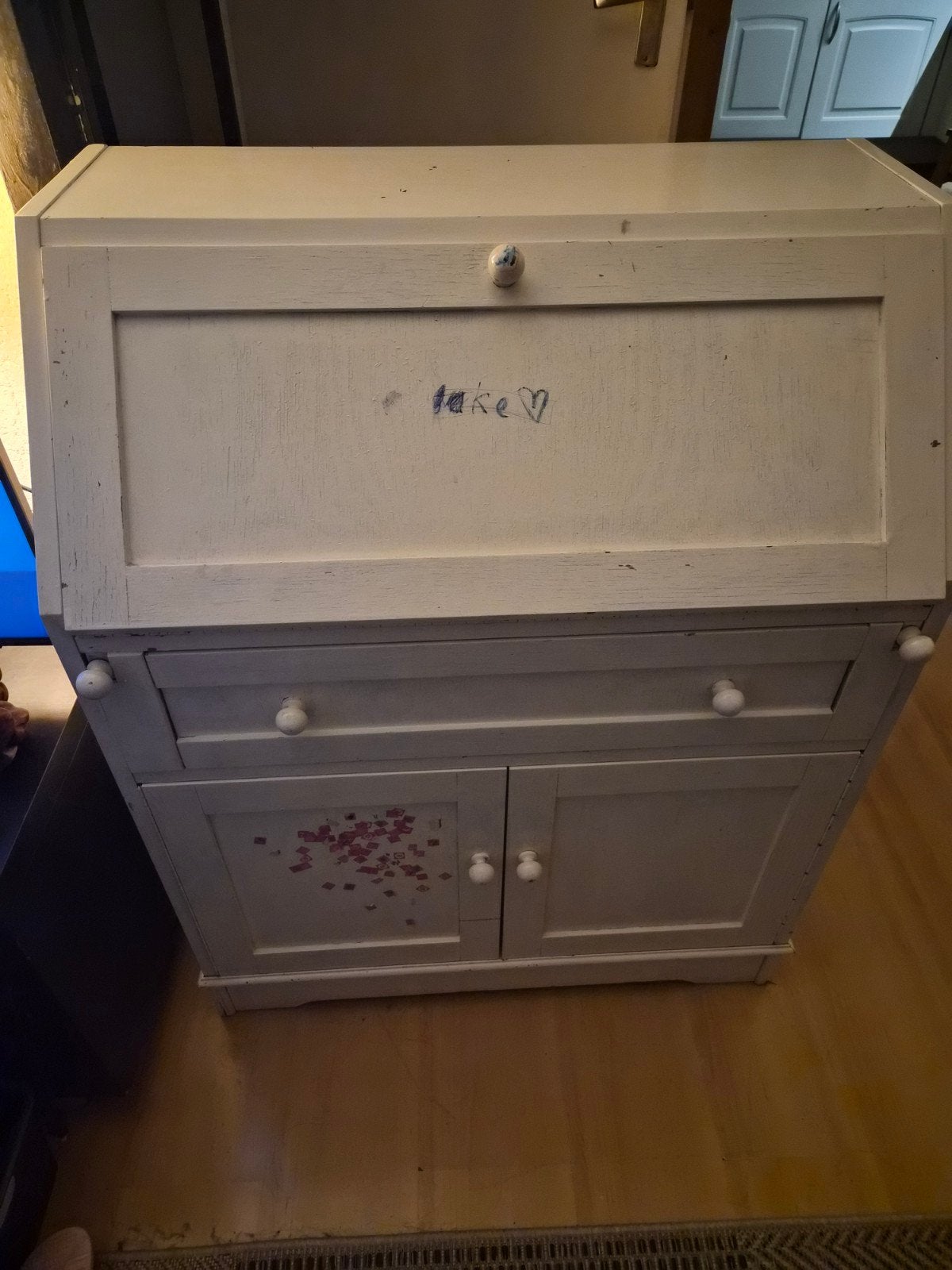 Vintage Secretaire / Bureau - Wit, Ophalen, Gebruikt