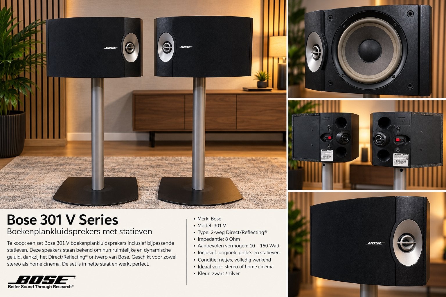 Bose 301 Series V speakers + originele stands, Ophalen, Vloerstaande luidspreker, 120 tot 150 watt, Zo goed als nieuw