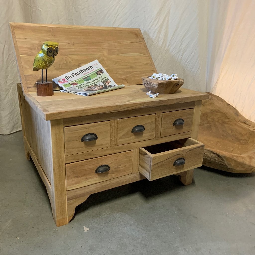 salontafel teak met 5 lades en klep  - Gratis bezorgd, TTM Wonen, Meubels – (Perzische) Tapijten en Woonaccessoires, 50 tot 100 cm