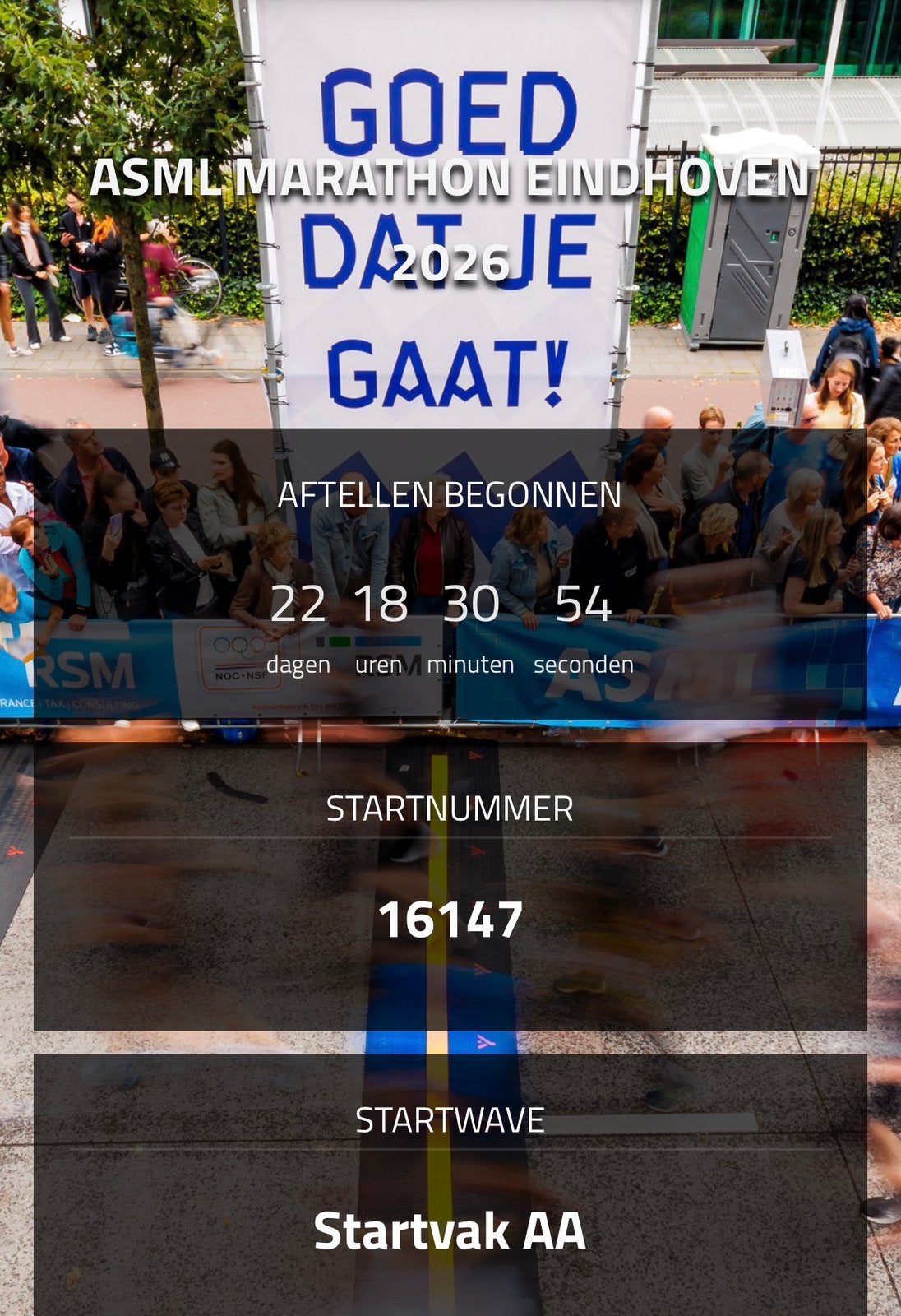 Startbewijs ASML halve marathon, startvak AA., Eén persoon