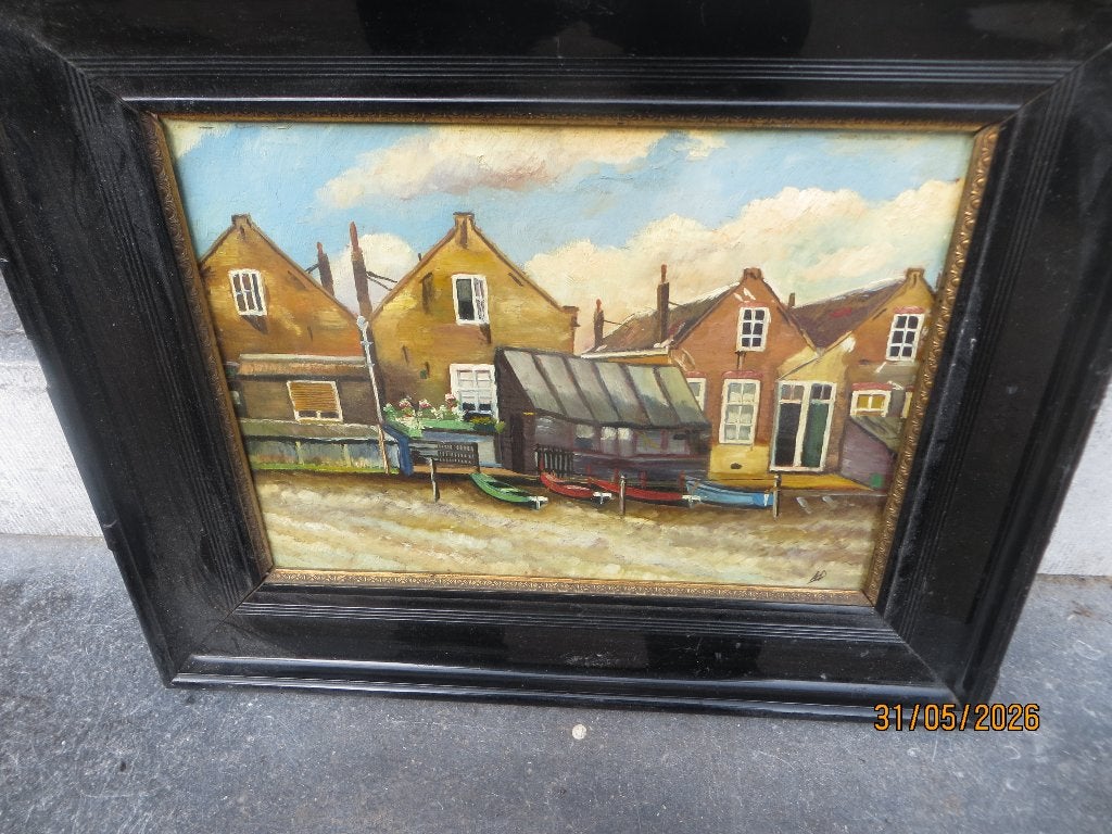 Mooi schilderij Langs het water, met huizen en een bootje, Ophalen, Expressionistisch, Olieverf, Maritiem / water