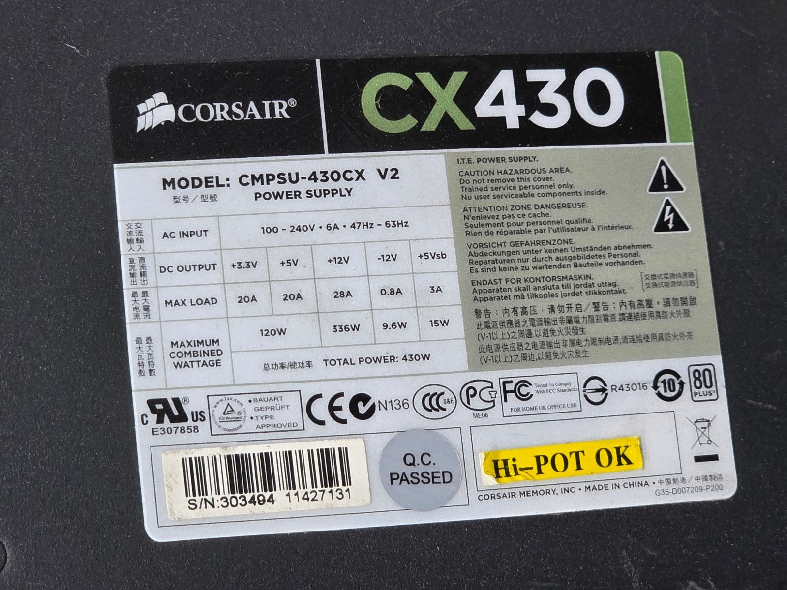 Corsair 430w max voeding psu power supply cmpsu-430cx v2, Gebruikt, ., Ophalen of Verzenden, .