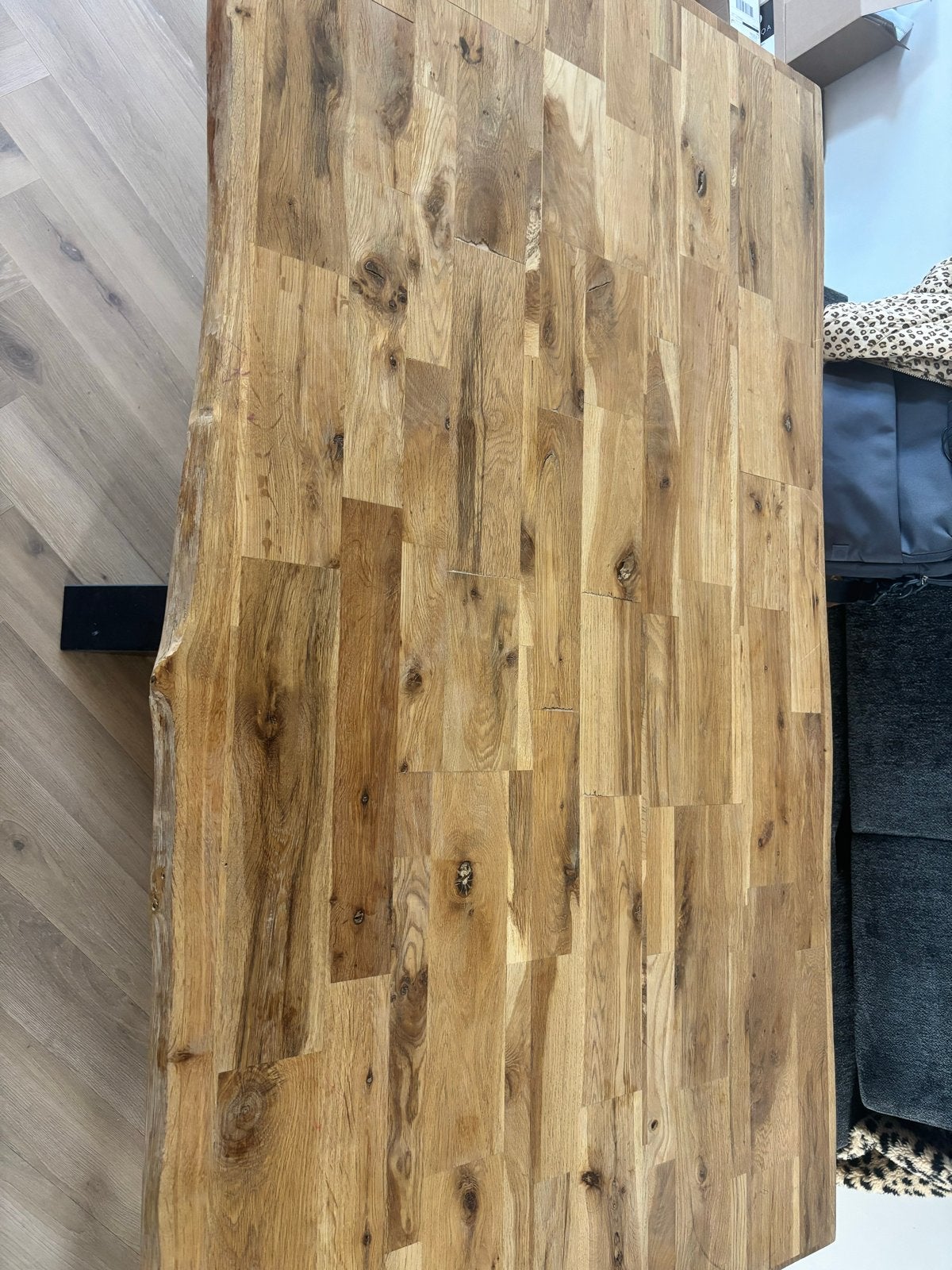Eikenhouten eettafel met stalen onderstel - 160 cm, Ophalen, Gebruikt, Eikenhout, 50 tot 100 cm