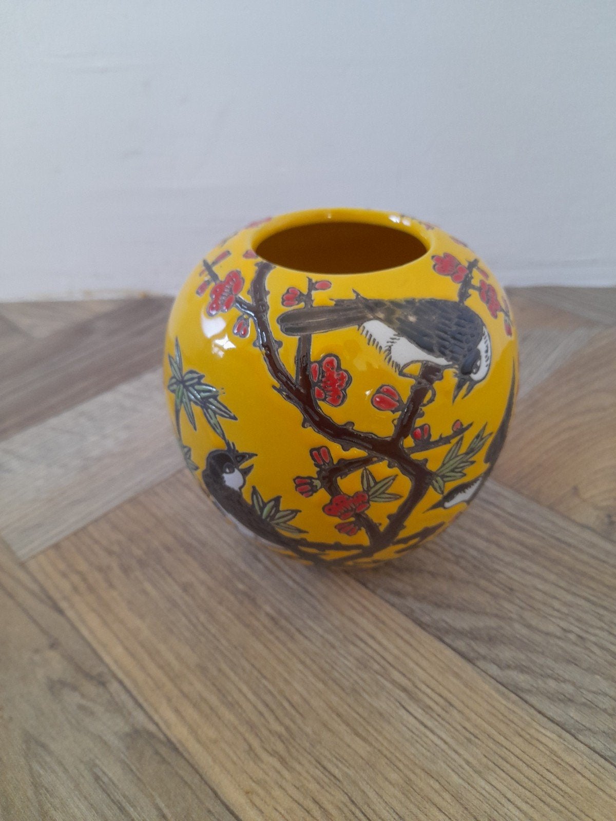 Geel Des Pots vogels bloemen bessen vaasje, Huis en Inrichting, Woonaccessoires | Vazen, Ophalen of Verzenden, Geel