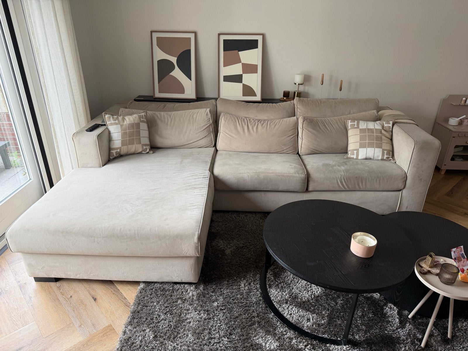 Comfortabele loungebank met chaise longue, Ophalen, 250 tot 300 cm, Gebruikt, 125 tot 150 cm