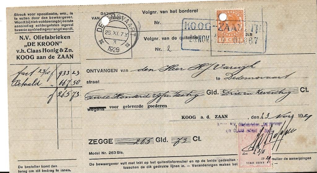 Fiscale fliatelie, kwitantie Koog aan de Zaan met zegel 186, Ophalen of Verzenden, Gestempeld