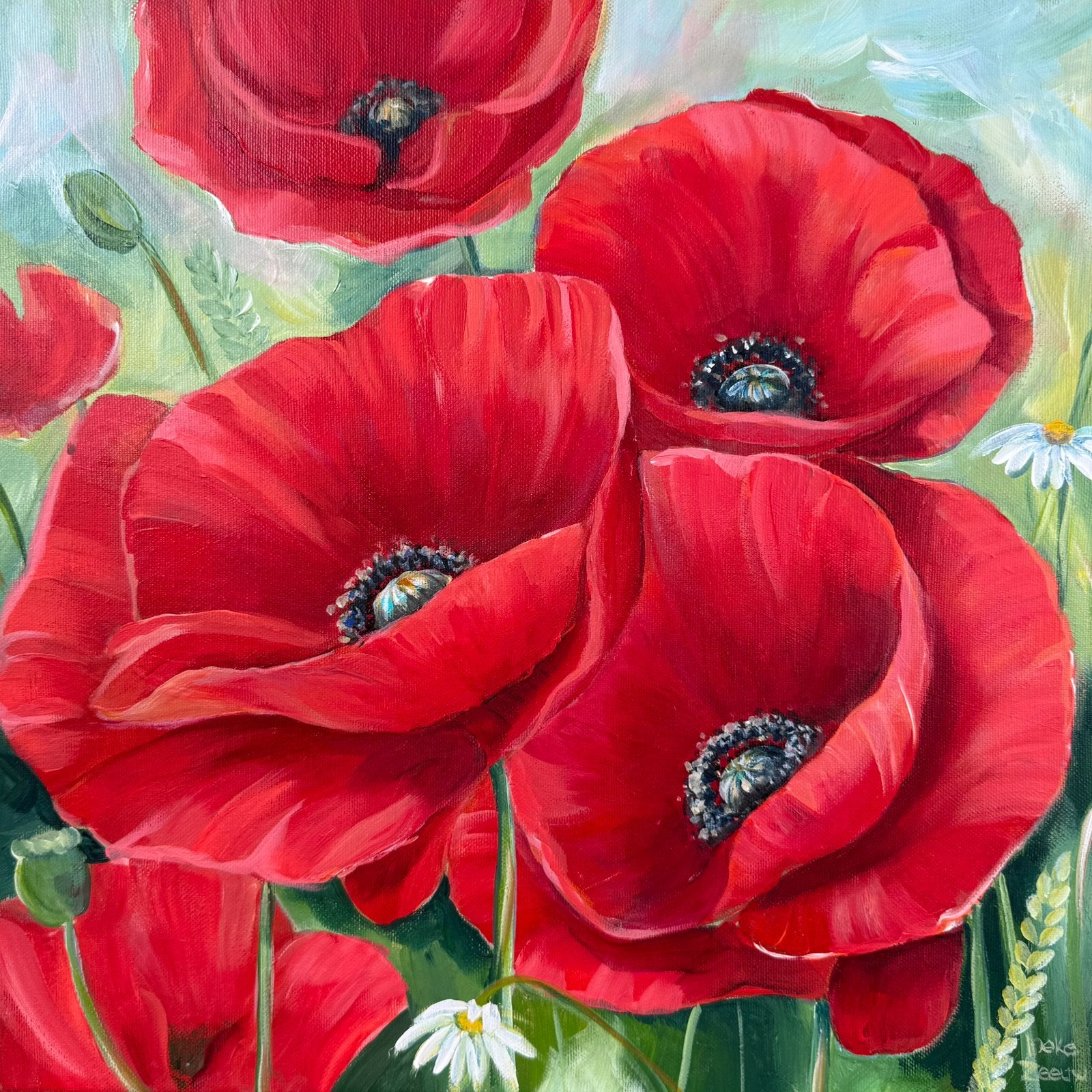 Schilderij klaprozen acrylverf op canvas, Minder dan 50 cm, Oorspronkelijke maker, Nieuw, Ophalen of Verzenden
