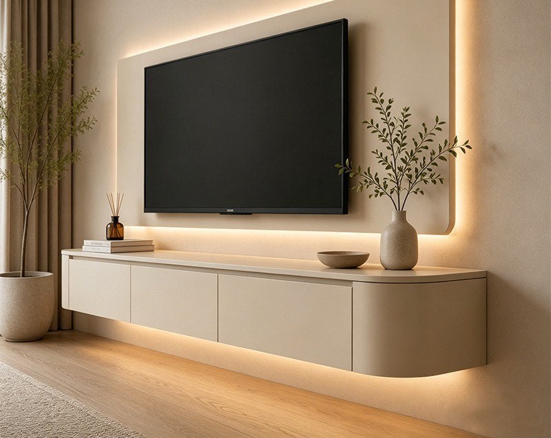 Japandi zwevend Tv meubel (BEIGE-WALNOOT-WALNOOT TRAVERTIN), Ons Meubel, Japandi, 150 tot 200 cm, Eikenhout