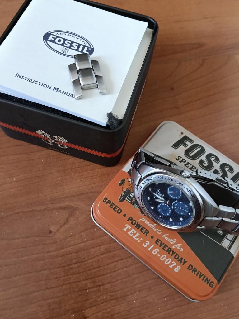 Stijlvol Fossil horloge met blauwe wijzerplaat, Ophalen, Zo goed als nieuw, Staal, Overige merken