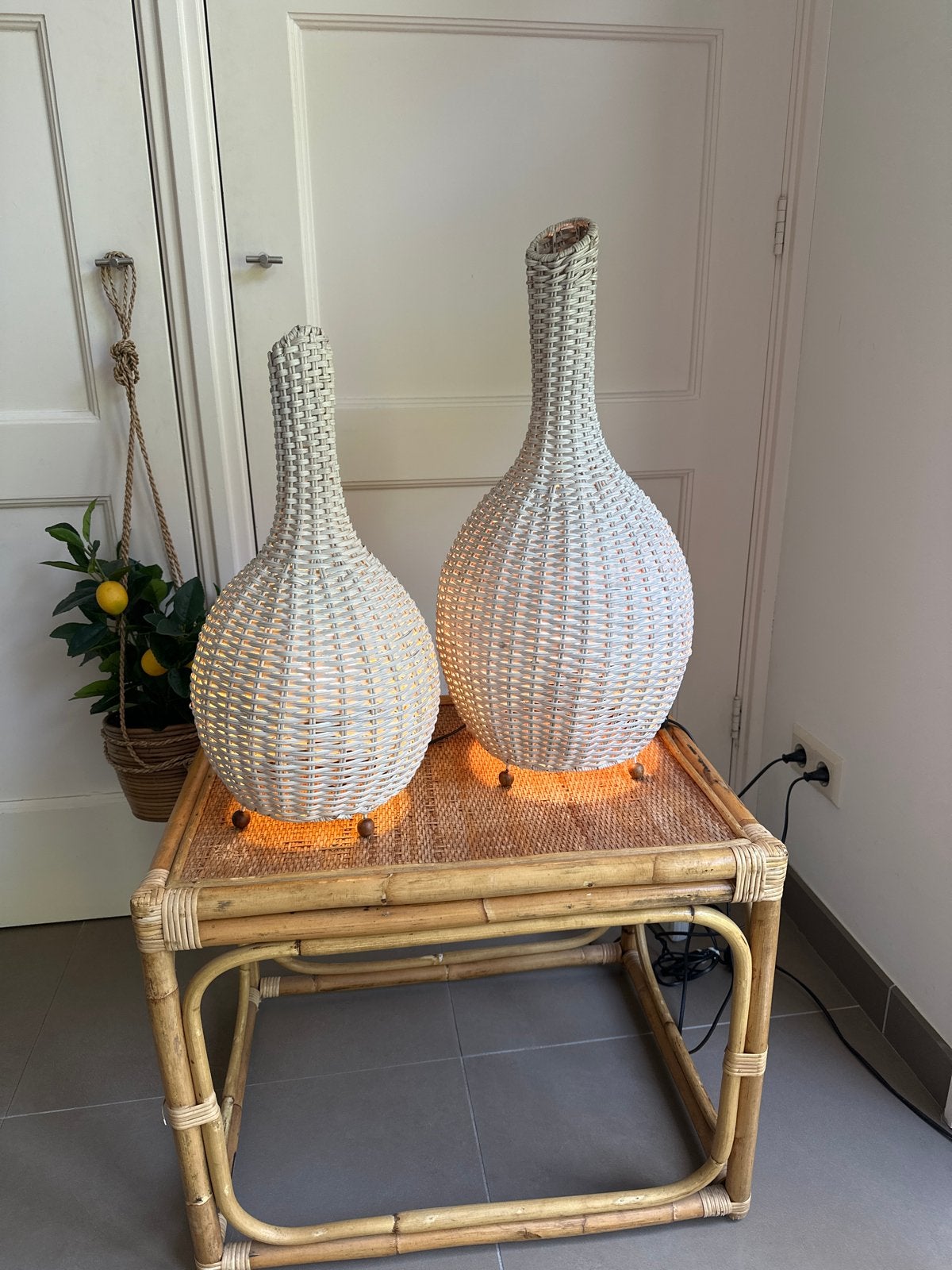 Vintage Rotan/Rieten Druppellampen - Set van 2, Ophalen, Overige merken, Gebruikt, Natuurlijk materiaal
