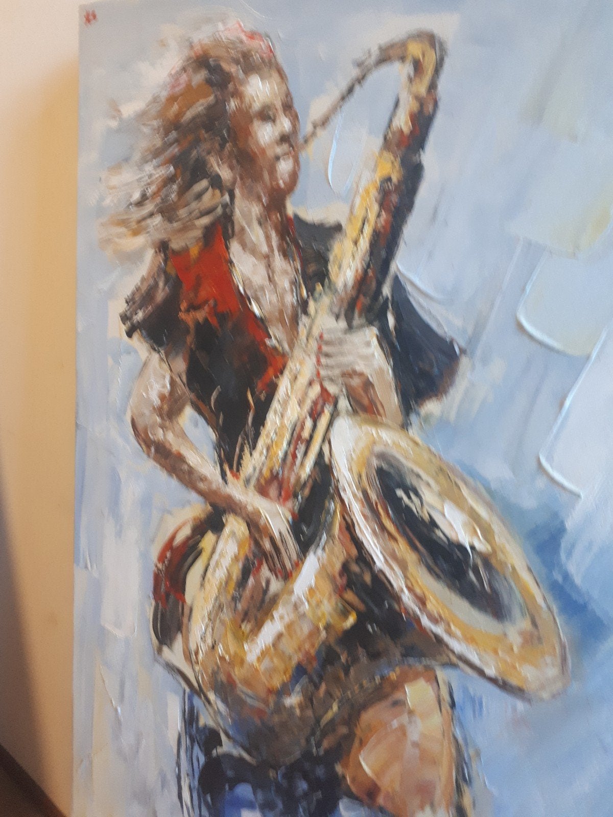 Schilderij jonge vrouw met saxofoon in pastelkleuren, Antiek en Kunst, Kunst | Schilderijen | Modern, Ophalen of Verzenden