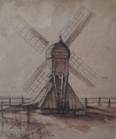 Waterverf schilderij van een molen, inclusief lijst, Ophalen, Minder dan 50 cm, Gebruikt, Oorspronkelijke maker