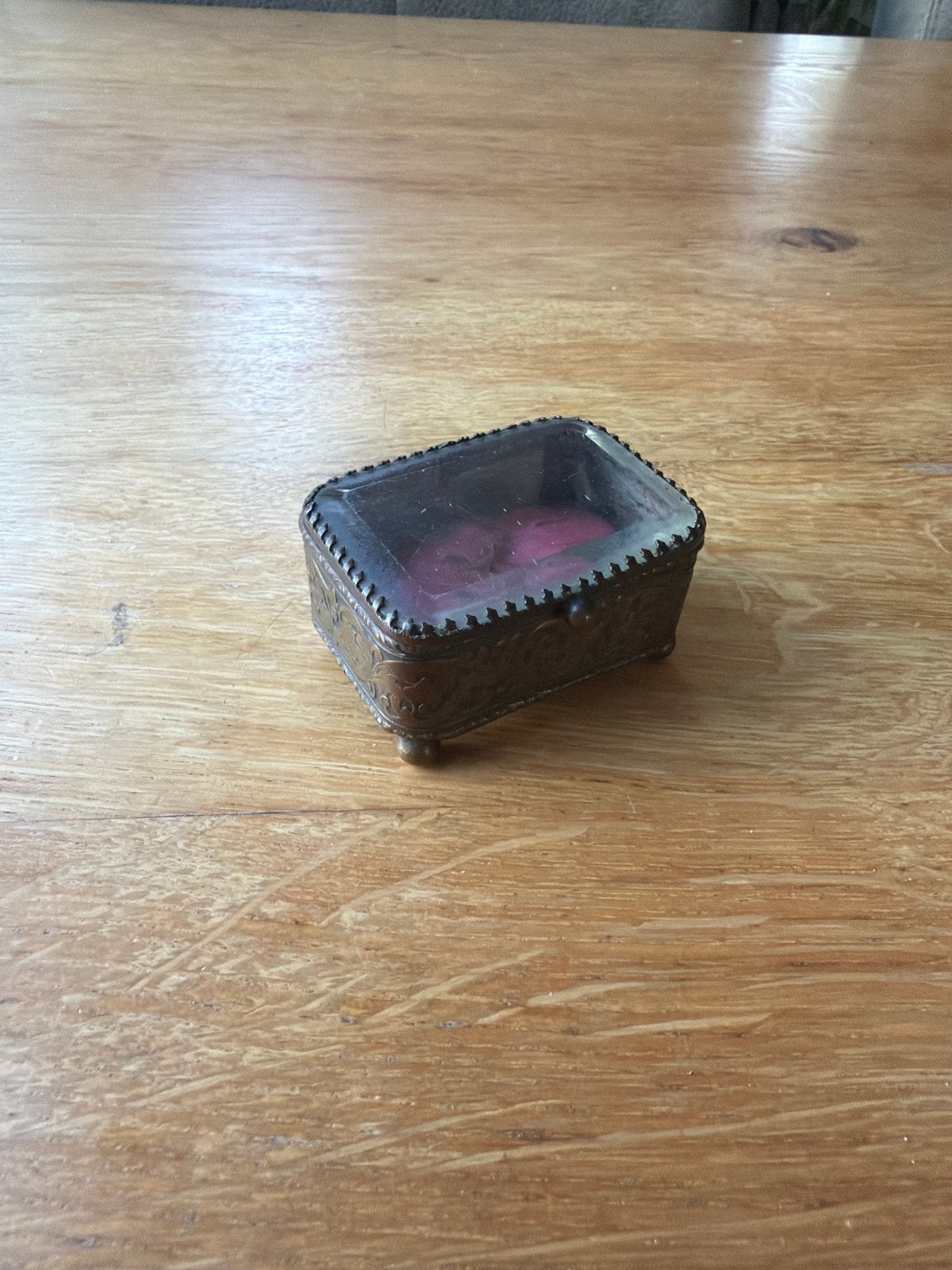 Antiek sieradendoosje met glas en fluwelen binnenkant, Ophalen of Verzenden