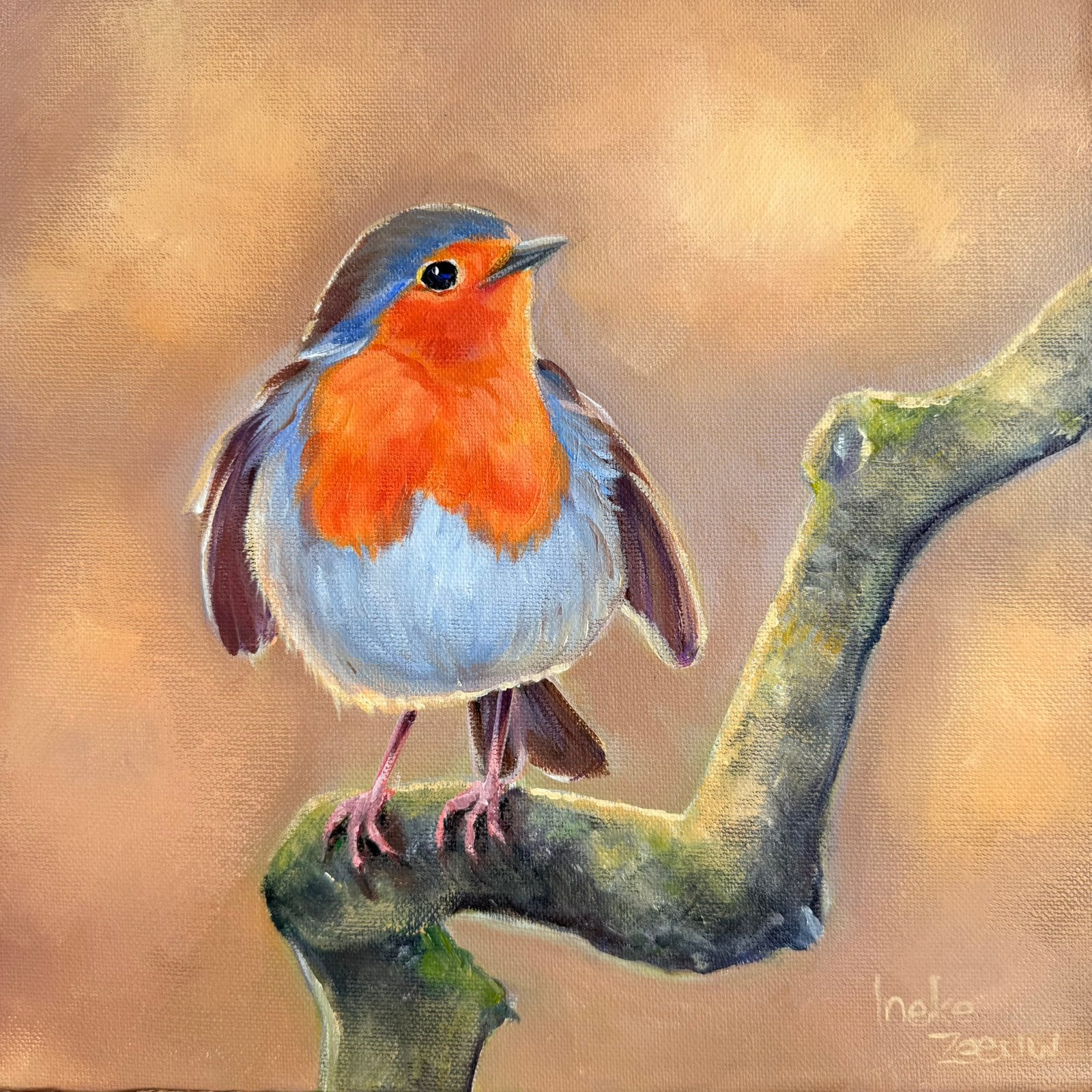 Schilderij roodborstje uit eigen atelier, Minder dan 50 cm, Oorspronkelijke maker, Nieuw, Ophalen of Verzenden