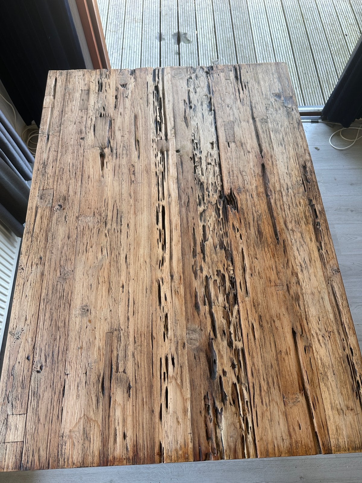 Massief drijfhouten eettafel met karakter met glasplaat, Ophalen, 100 tot 150 cm, 50 tot 100 cm, Zo goed als nieuw
