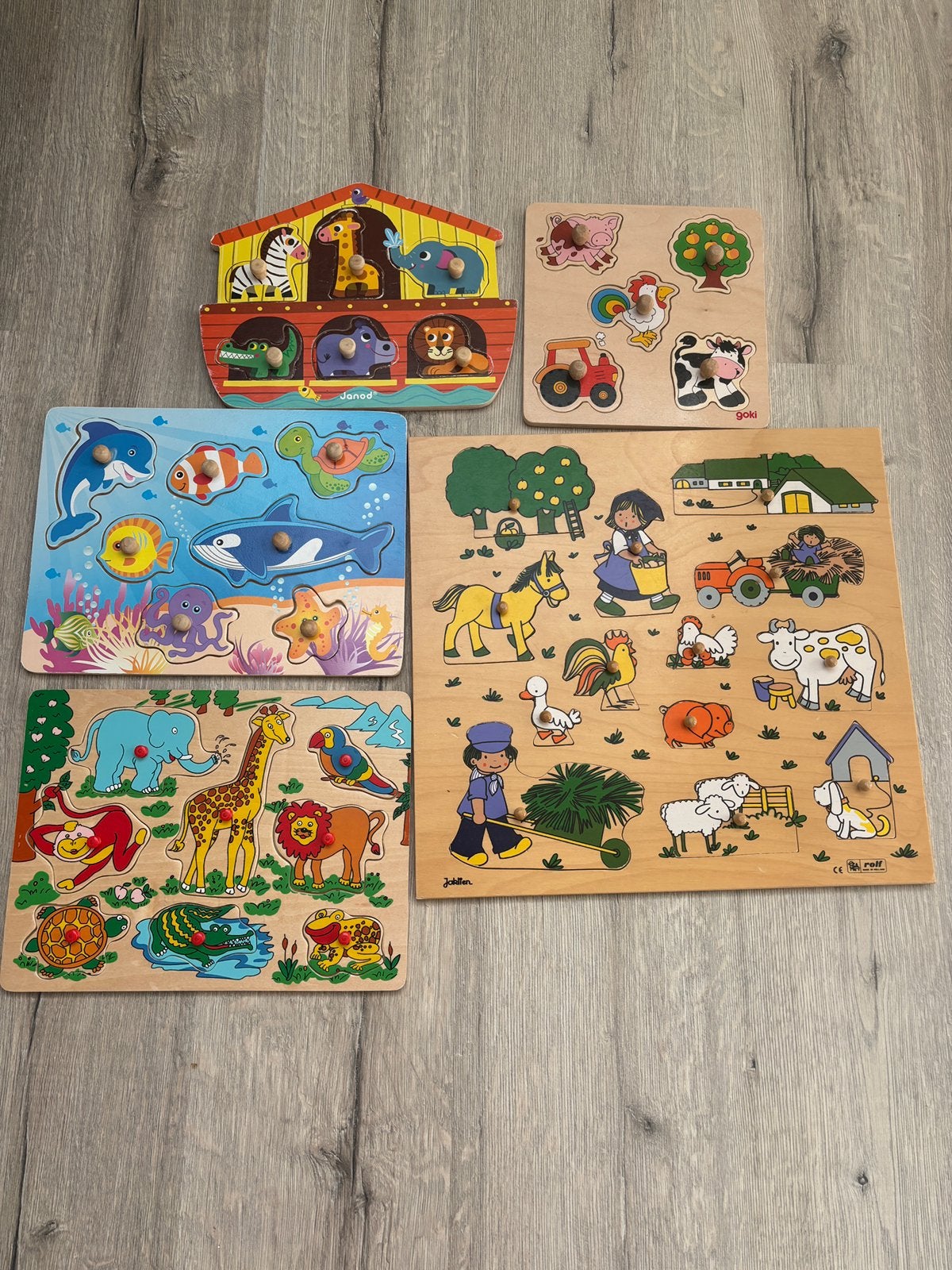 5 houten puzzels, Ophalen, Minder dan 10 stukjes, Zo goed als nieuw, 6 maanden tot 2 jaar