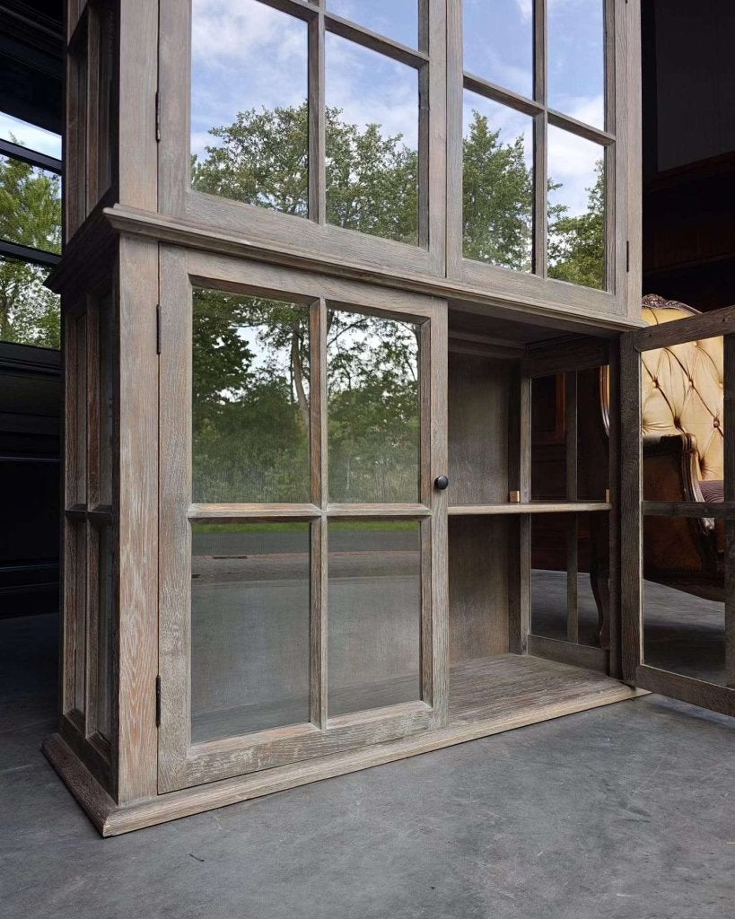 Hoge vitrinekast | Eikenhout Greywash | Servieskast #3690, Vintage / antiek, Gebruikt, 200 cm of meer, Vintage / antiek