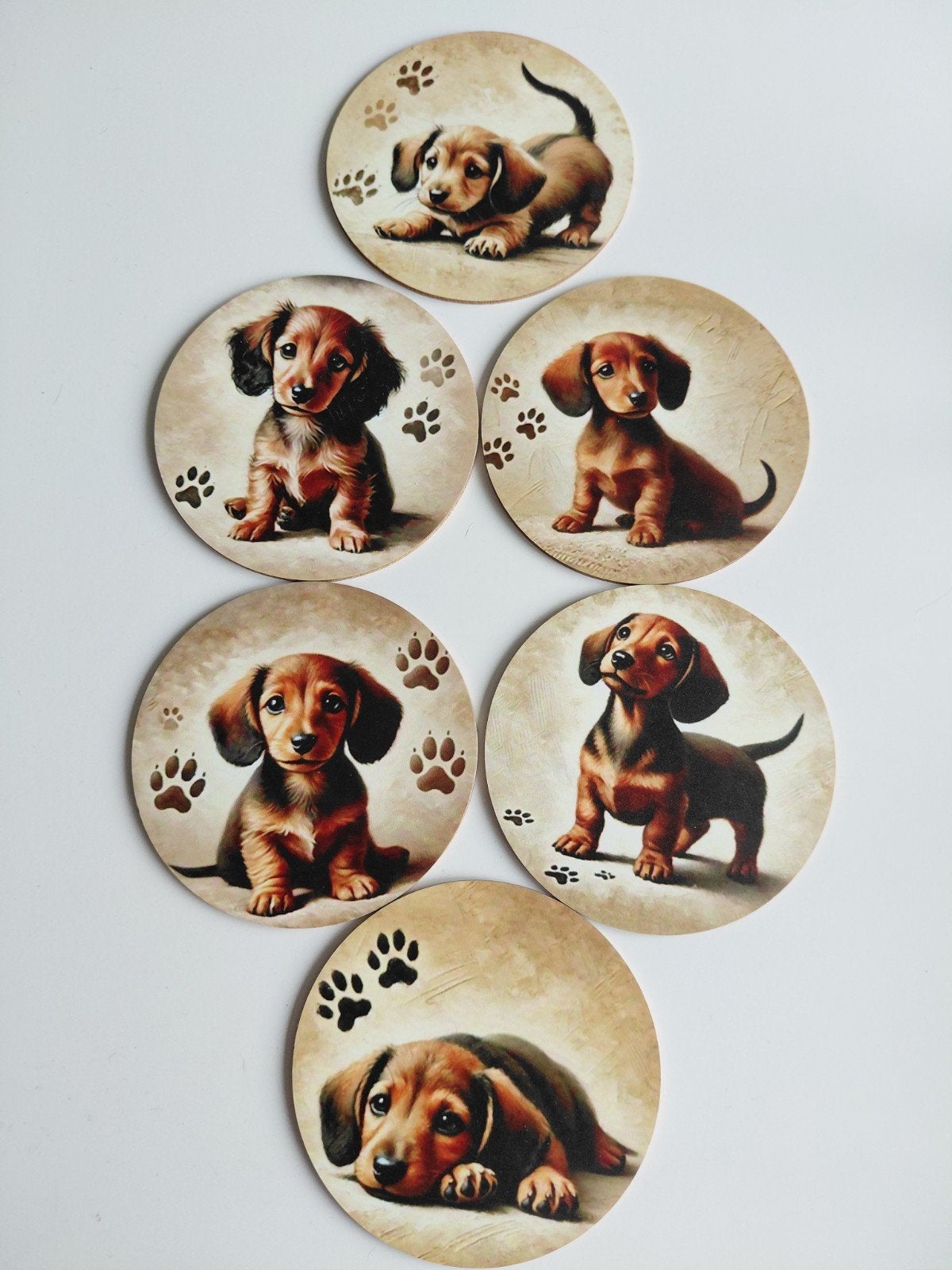 Set van 6 houten onderzetters met teckel puppy's, Hout, Overige stijlen, Nieuw, Ophalen of Verzenden