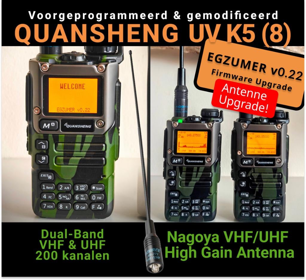 QUANSHENG UV-K5 (8) | Gemodificeerd+Antenne upgrade | NIEUW, Ophalen of Verzenden, Nieuw, 5 tot 15 km, Portofoon of Walkie-talkie