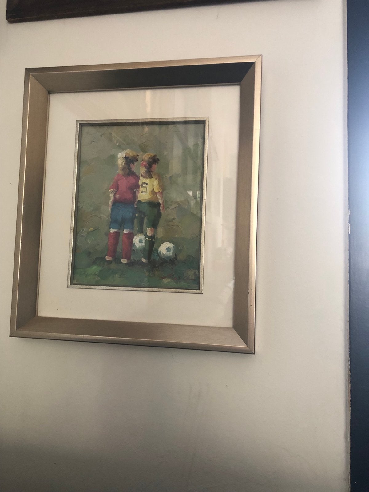 Prachtig geschilderd schilderij: Meisjes voetballen, Ophalen of Verzenden