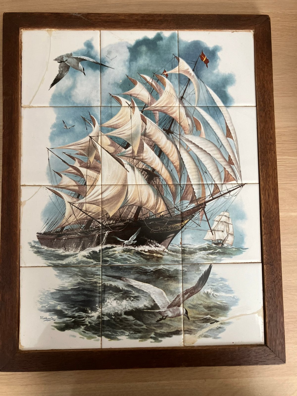 Tegeltableau 12 tegels klipper op zee, J. C. Van Hunnik, Ophalen of Verzenden