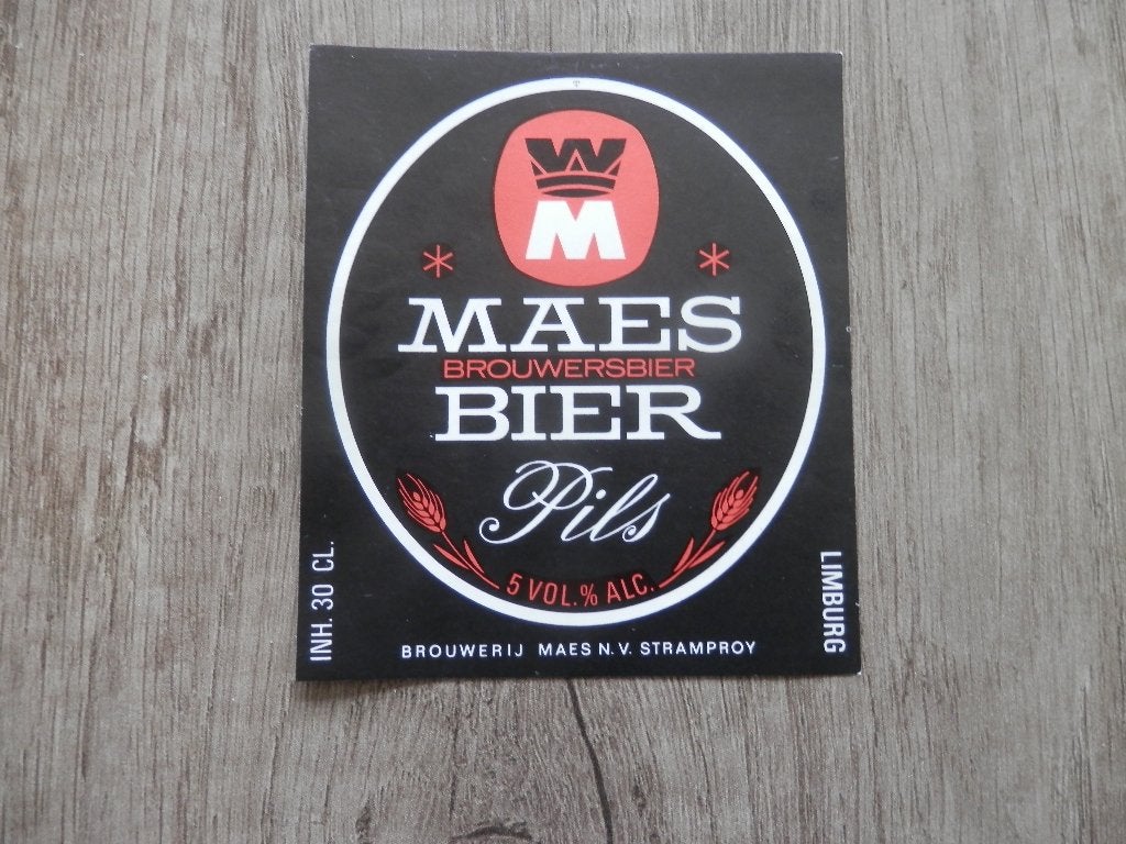 ouder bier etiket Maes bier Stramproy Pils 30 cl., Verzamelen, Ophalen of Verzenden, Zo goed als nieuw, Overige typen, Overige merken