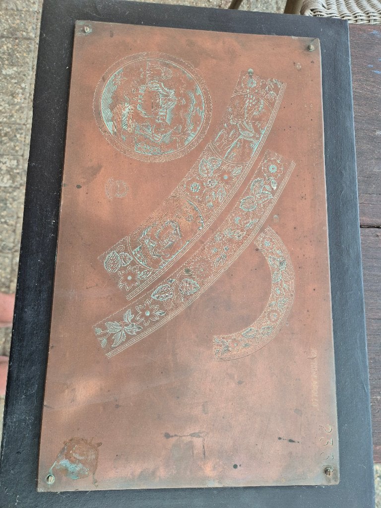 Antieke Koperen Plaat met Gravures, Ophalen, Koper
