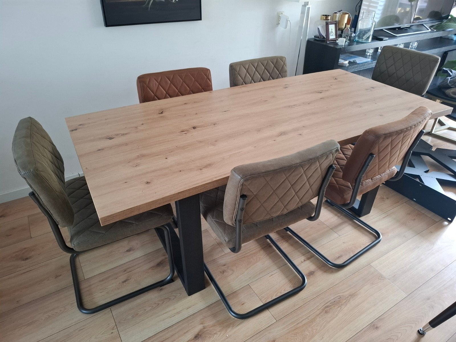Eettafel met 6 lederen stoelen, Huis en Inrichting, Tafels | Eettafels, Ophalen, 50 tot 100 cm, Zo goed als nieuw, Vijf personen of meer