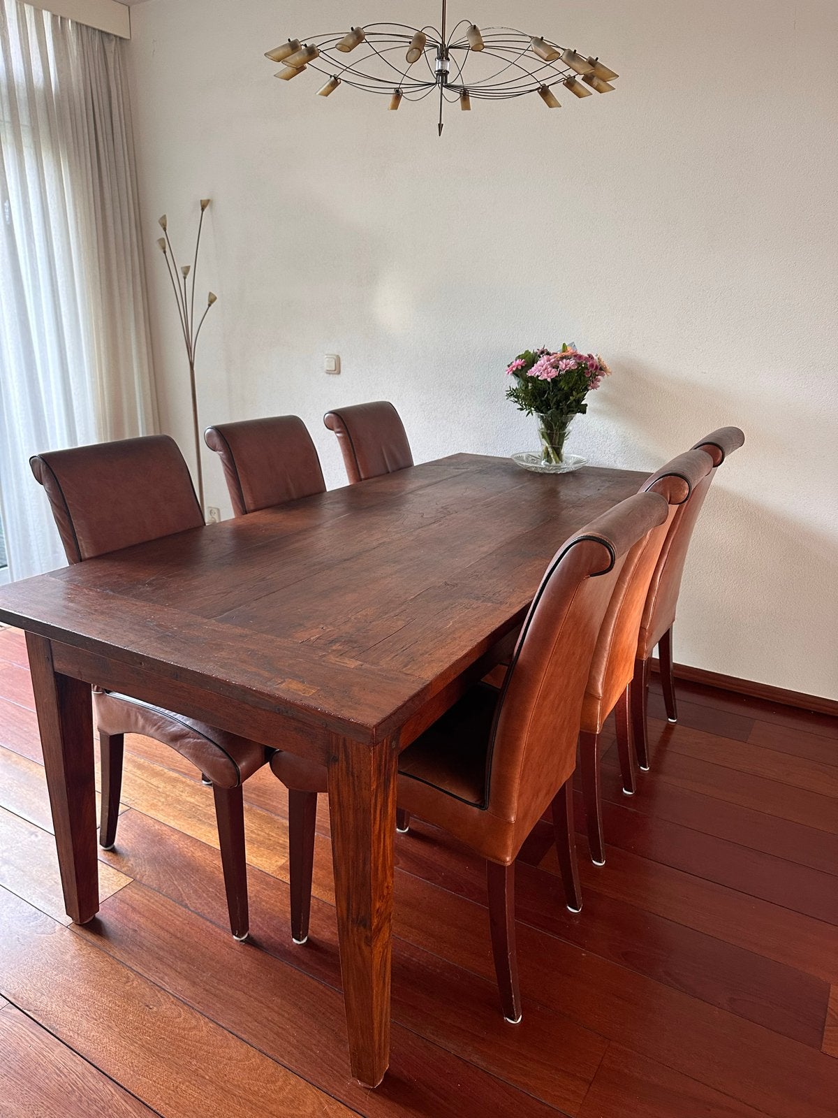 Mooie massief houten eettafel met 6 stoelen, Ophalen, Gebruikt, Teakhout, 50 tot 100 cm