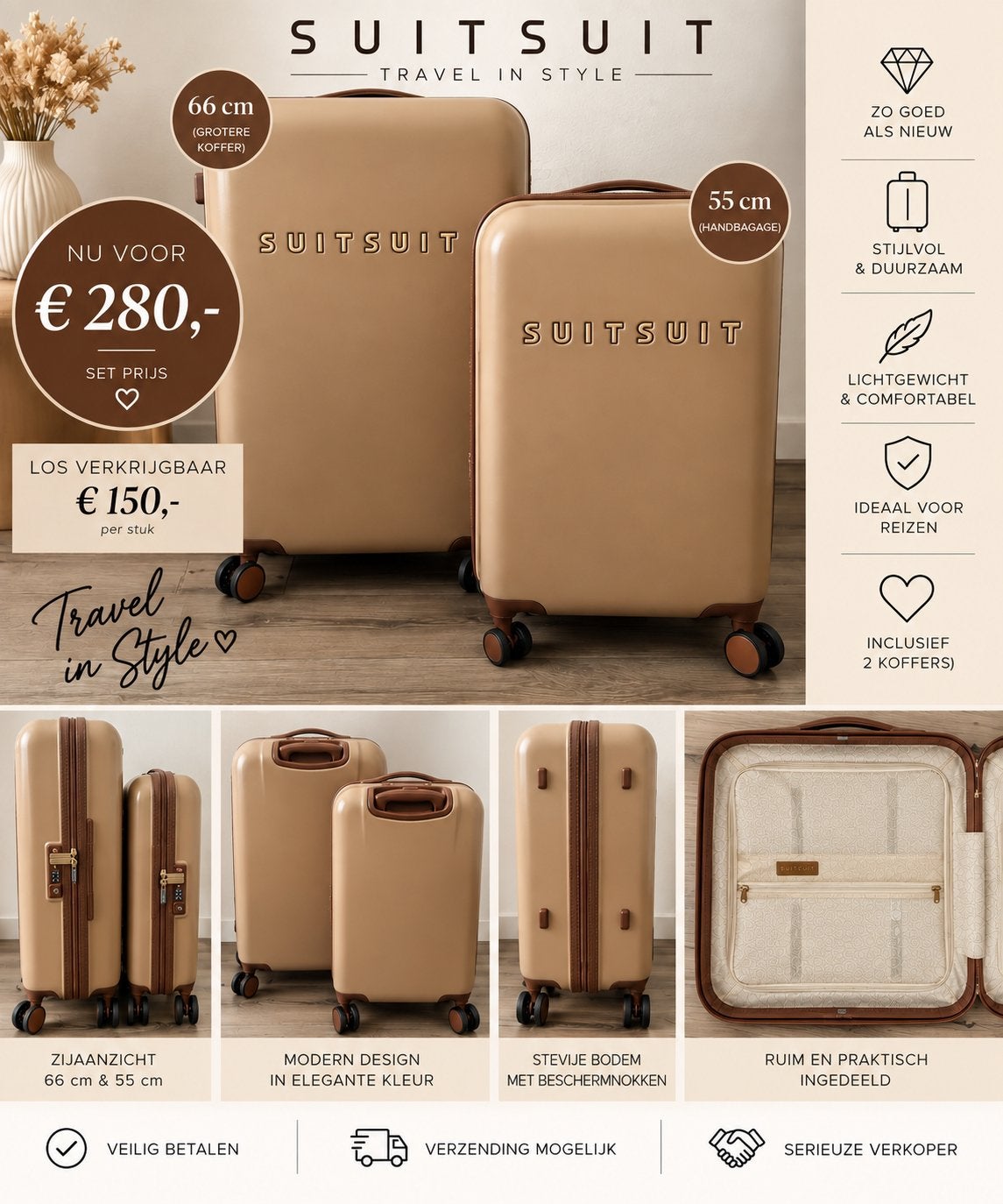 SUITSUIT kofferset 55 cm + 66 cm – zo goed als nieuw, Sieraden, Tassen en Uiterlijk, Ophalen of Verzenden, Zo goed als nieuw, 30 cm of meer