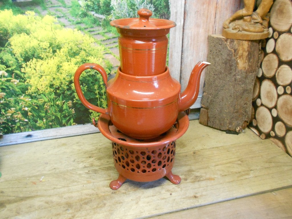 emaille theepotje met filter en theelicht, Antiek en Kunst, Ophalen of Verzenden