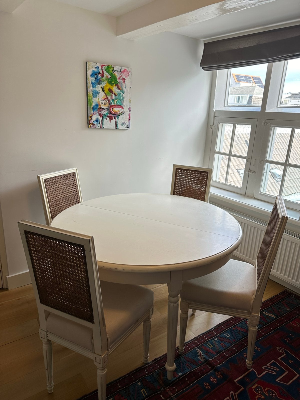 Uitschuifbare ronde eettafel met 4 stoelen, Ophalen, Gebruikt, 100 tot 150 cm, Rond