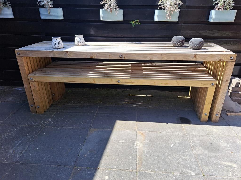Houten tuintafel met 2 banken, Ophalen of Verzenden, Gebruikt, Hout