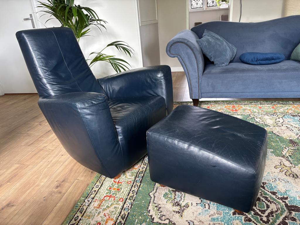 Fauteuil Longa Gerard van den Berg leer met hocker, Huis en Inrichting, Fauteuils, Gebruikt, Leer, 75 tot 100 cm, Ophalen