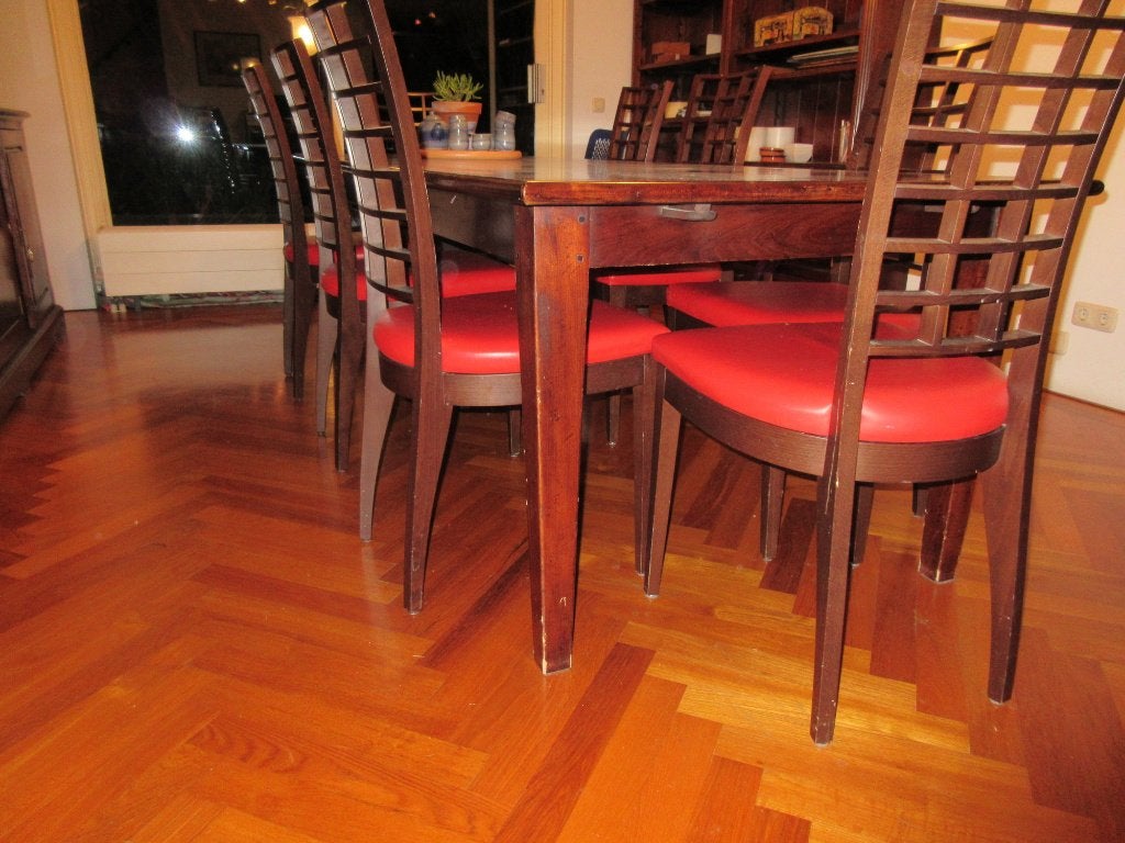 eettafelstoelen, 8x, houten poten massief beuken, leder, Gebruikt, Bruin, Klassiek, Hout